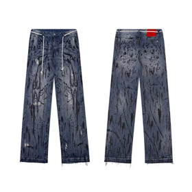 Hellstar Splatter Graffiti Scimmia lavato blu casual sciolto dritto jeans-4946  