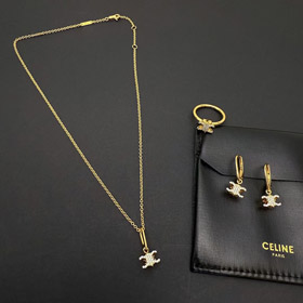 Celine oro Arco di Trionfo pieno diamante logo collana orecchini-3736  