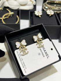 Chanel bianco scintilla smalto arco oro diamante doppio C orecchini-3745
